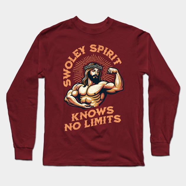 Swoley Spirit Knows No Limits: Jacked Jesus Gym Motivation Funny Christian Religious Workout Fitness Humor Long Sleeve T-Shirt by Lunatic Bear